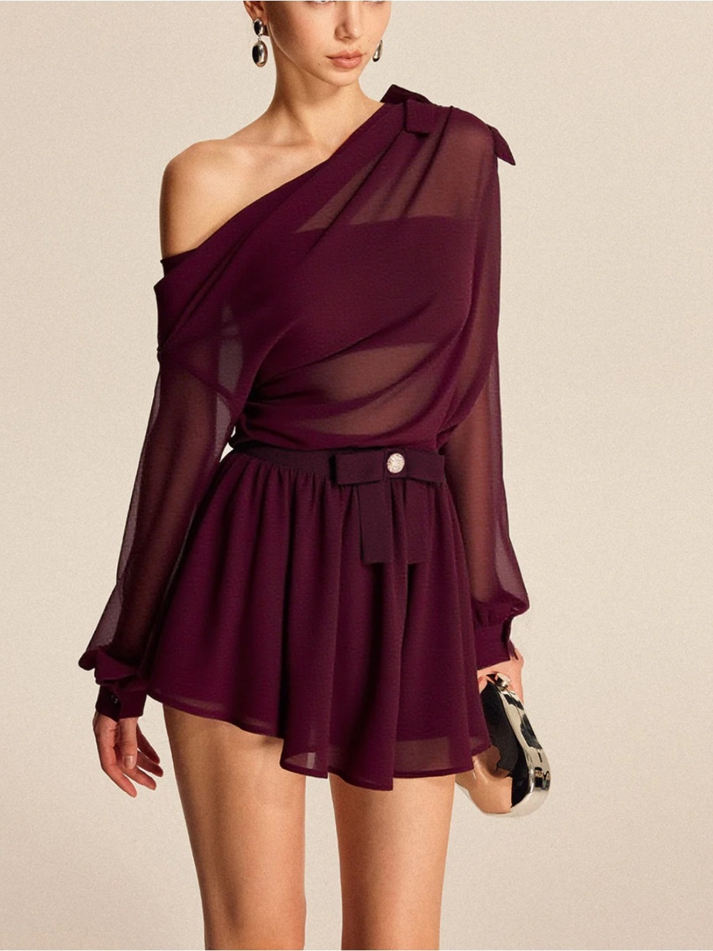 NWT Commense Two-Piece Set One-Shoulder Plum Chiffon Top with Mini Skirt